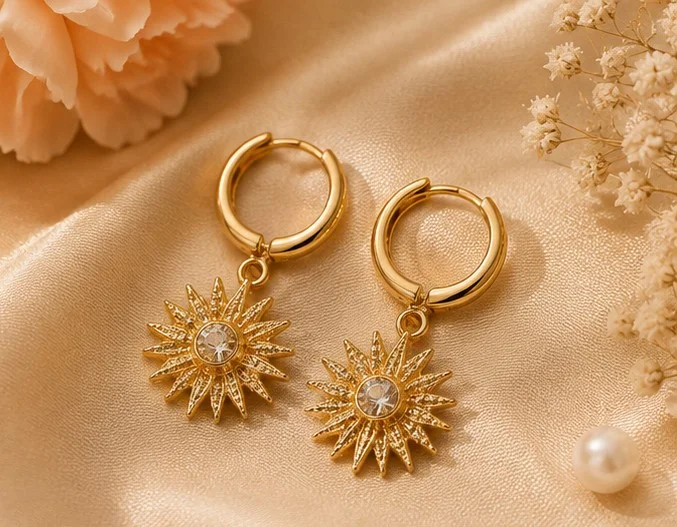 Gold Sunburst Charm Huggie Hoop Earrings